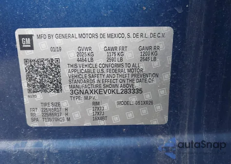 2019 Chevrolet Equinox Lt from USA, damaged, VIN 3GNAXKEV0KL283335